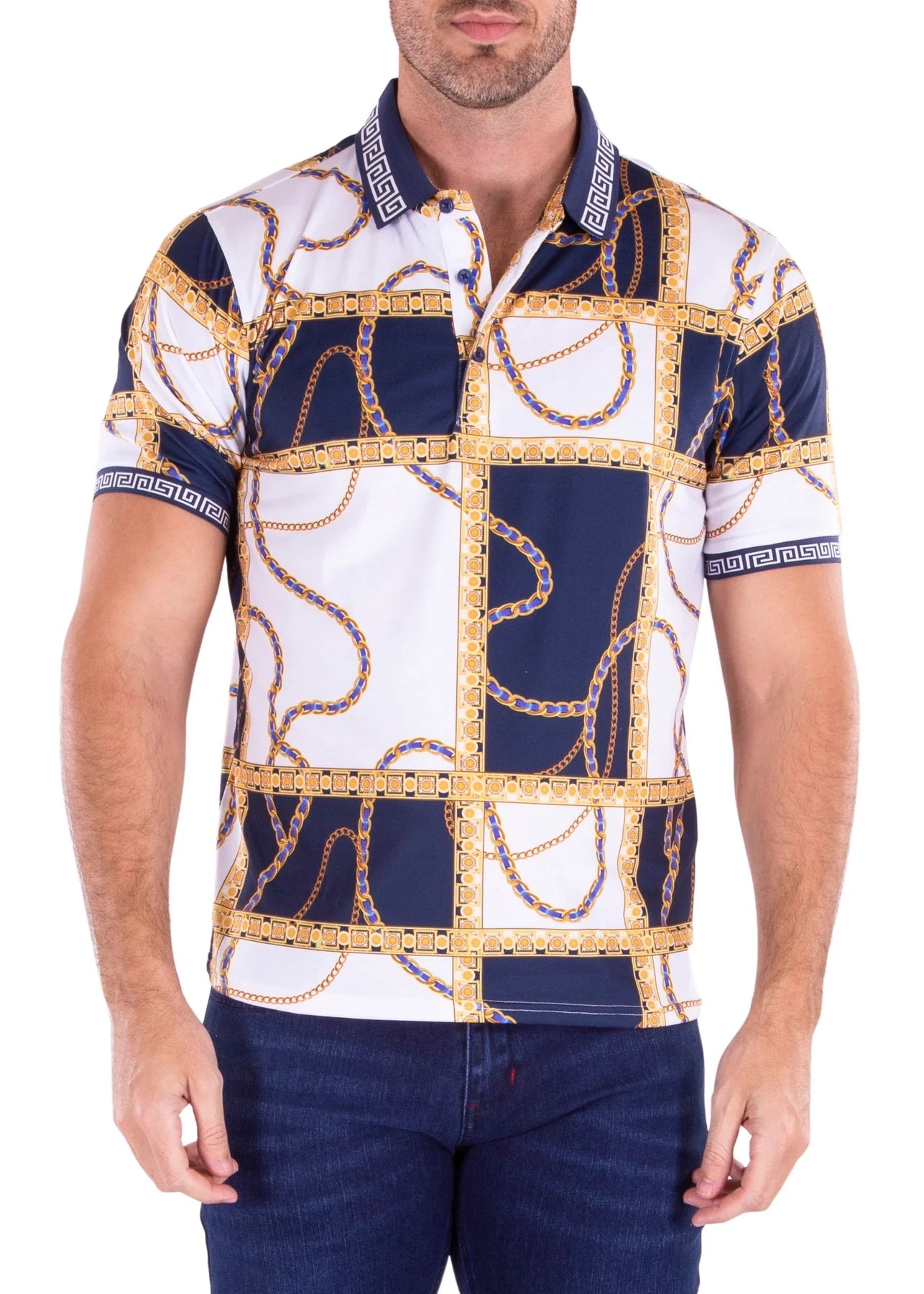 BeSpoke Collection Fancy Polo Design White and Navy Short Sleeve Shirt - shirt | New York Man Suits
