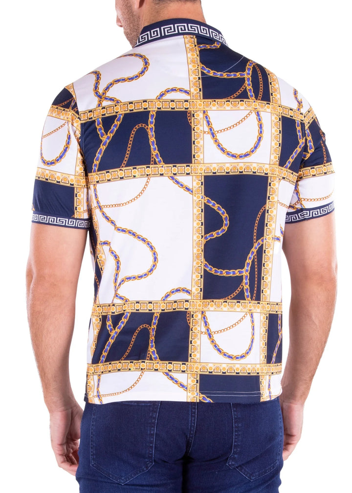 BeSpoke Collection  Fancy Polo  Design White and Navy Short Sleeve Shirt