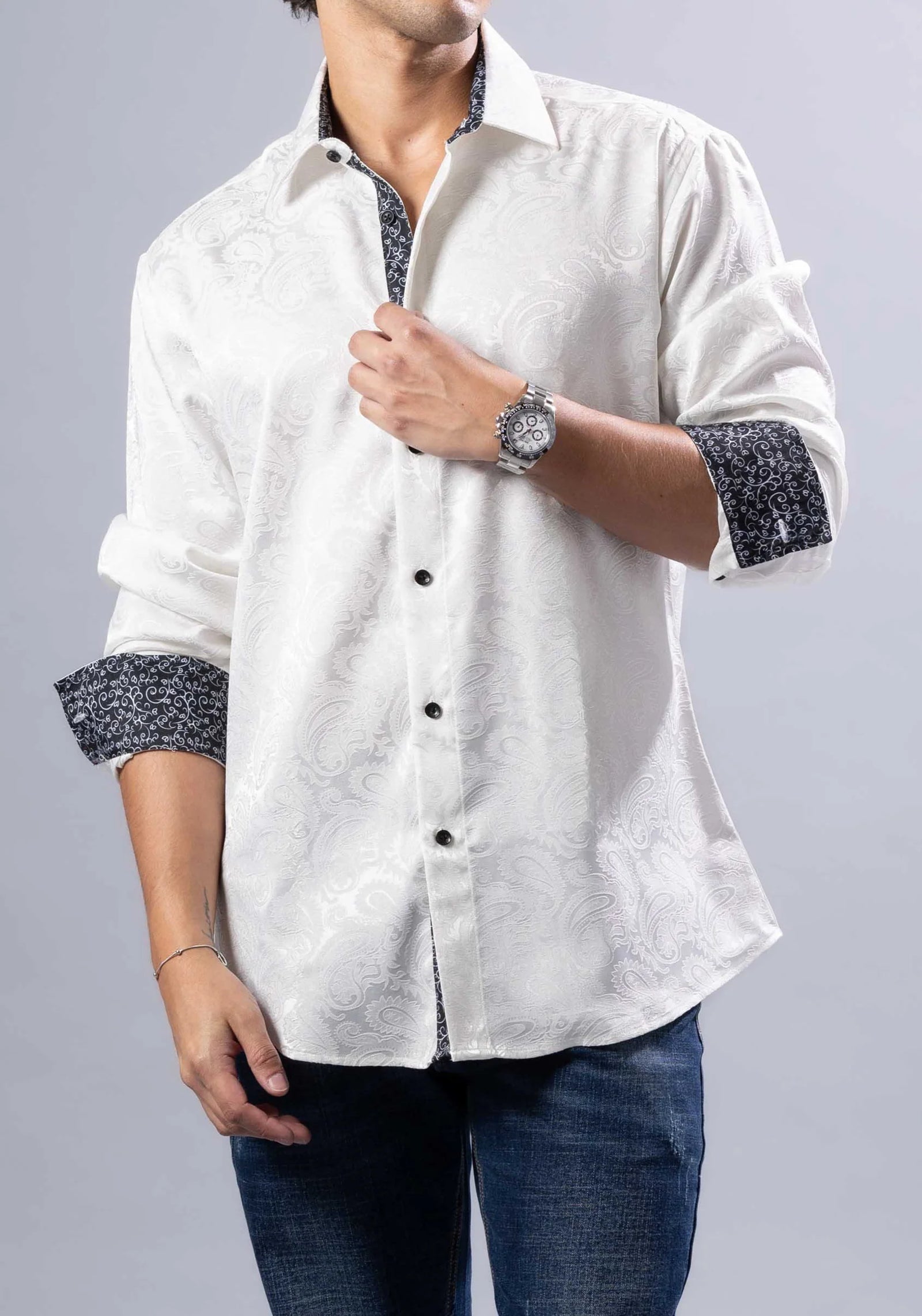 BeSpoke Mens Paisley Print Long Sleeve-White - menswear | New York Man Suits