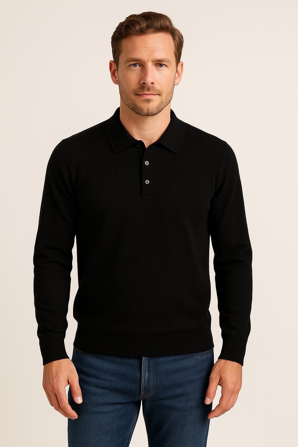 New York Man Fancy Polo Mock  Long Sleeve