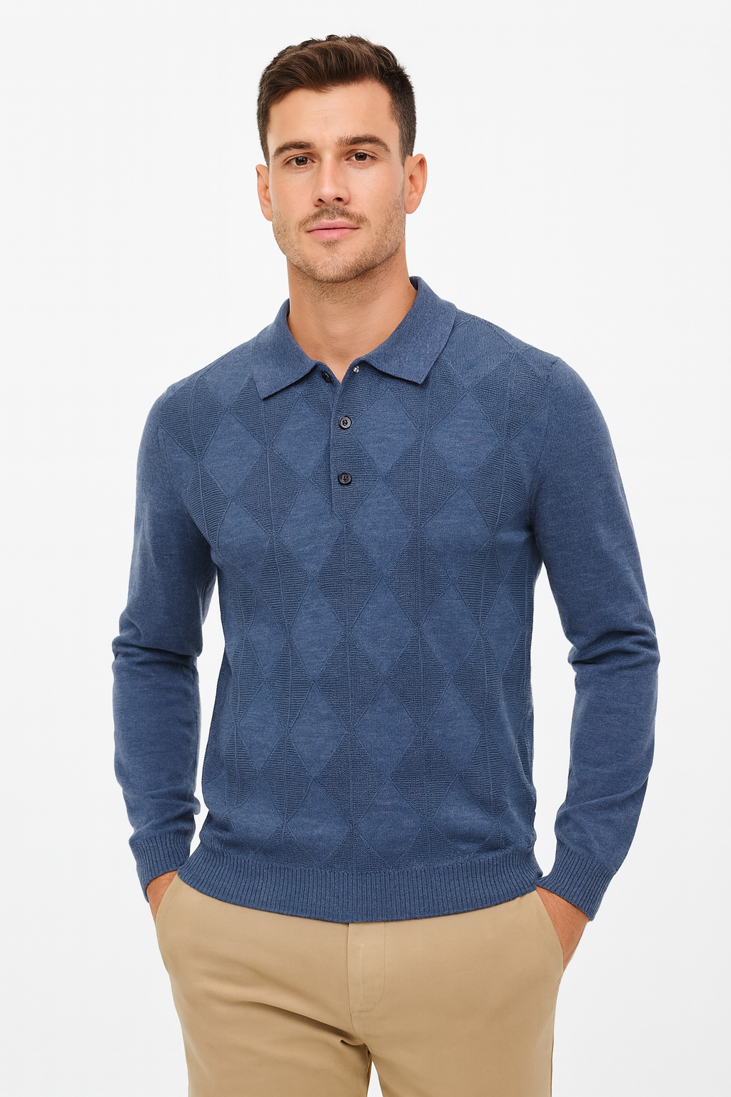 New York Man Fancy Polo Mock Long Sleeve - shirt in HBlue | New York Man Suits
