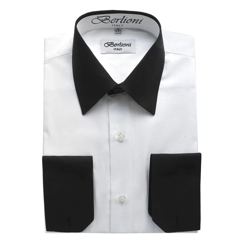 Berlioni Italy White 2 Tone Black Collar &  French Cuff Dress Shirt - 150A-WHITE