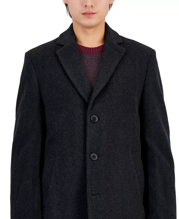 Calvin Klein Wool Blend 3/4 Button Up Designer Overcoat - Charcoal