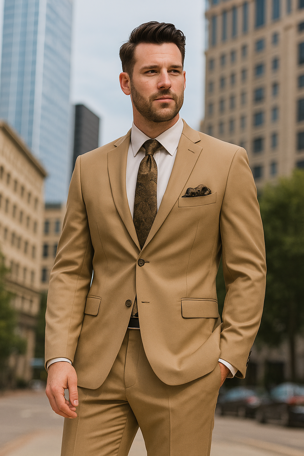 Mantoni 2 Button Modern Fit Wool Suit-16-Camel