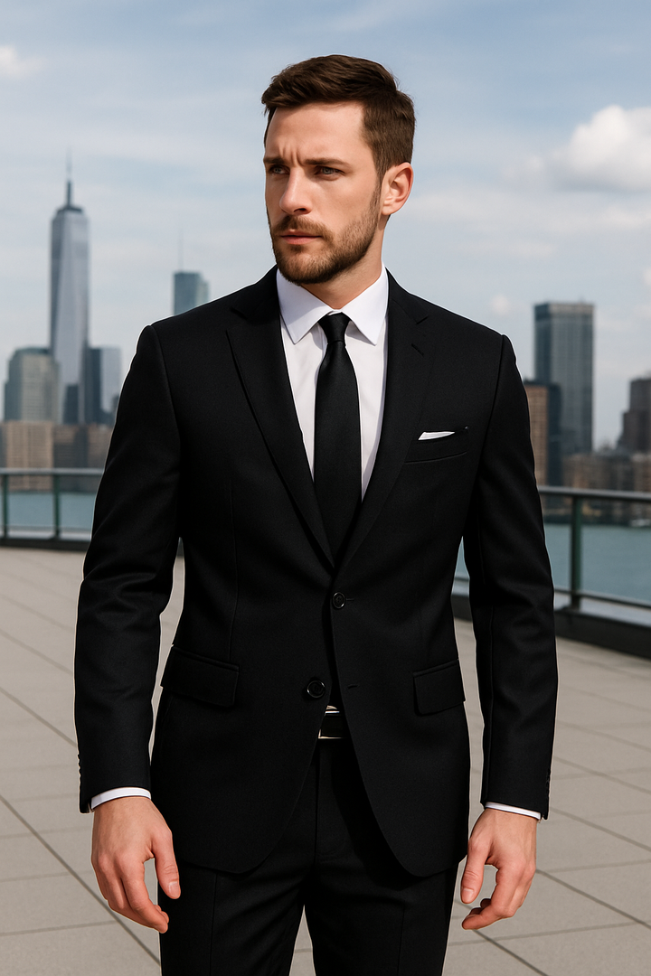 Mantoni 2 Button Modern Fit  Wool Suit-Black