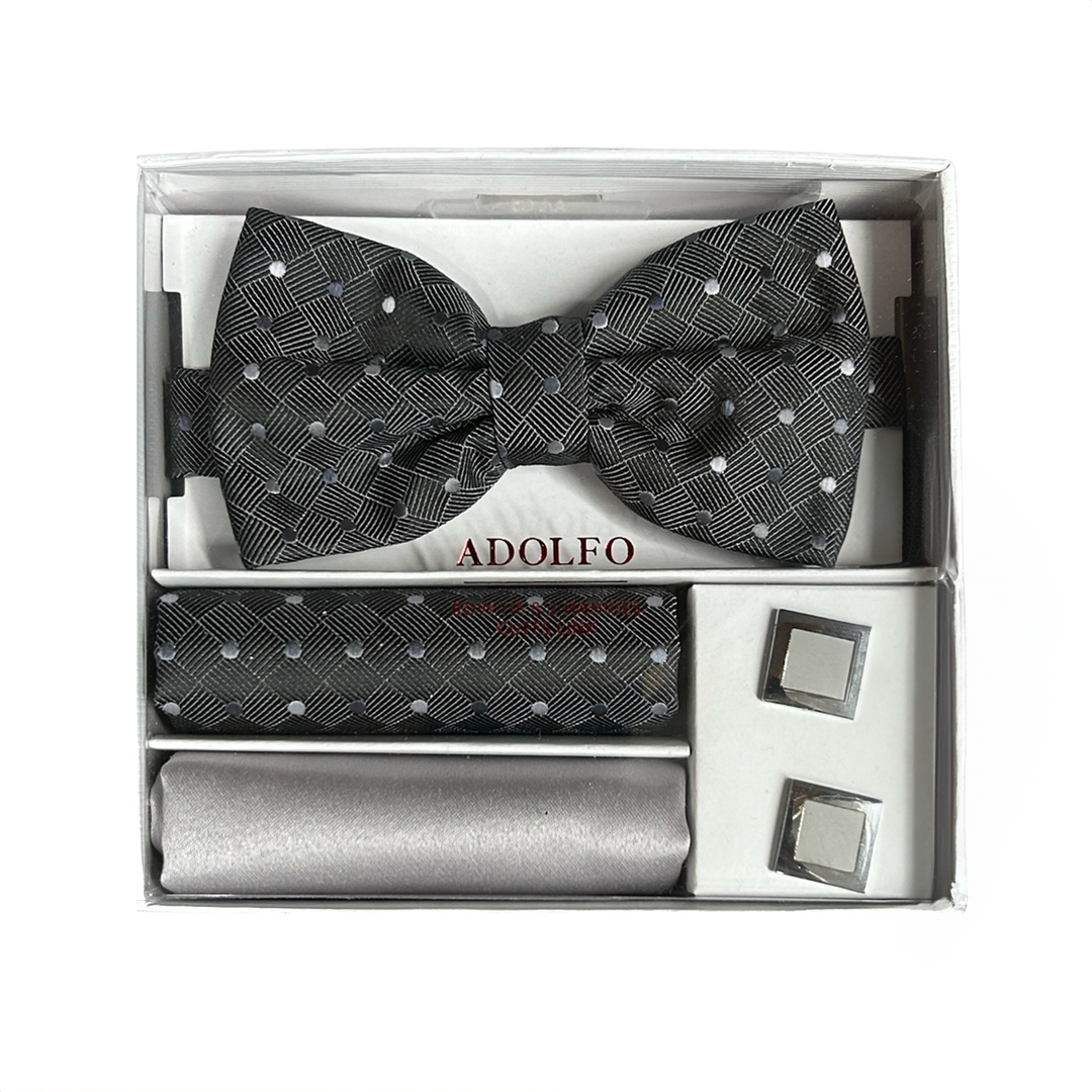 Adolfo Polka Dot Style Bow Tie, Hanky & Cufflink Box Set - ABS70667-Charcoal