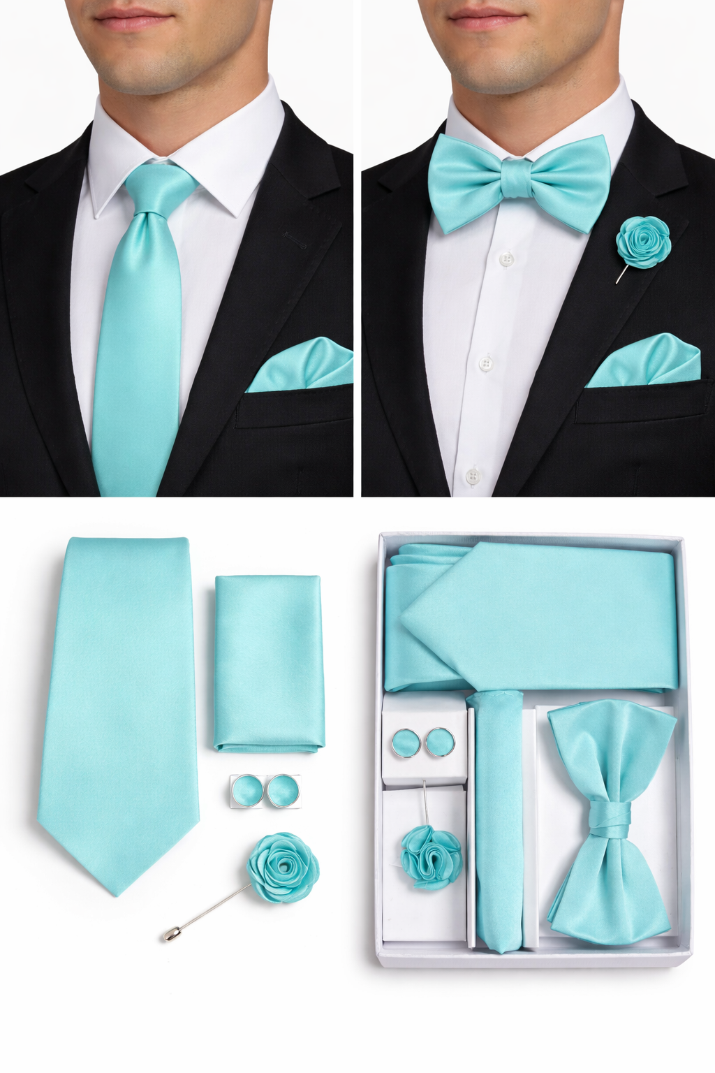 Adolfo 5-Piece Men’s Tie, Bow Tie & Cufflink Set with Flower Lapel - bow tie in Aqua | New York Man Suits