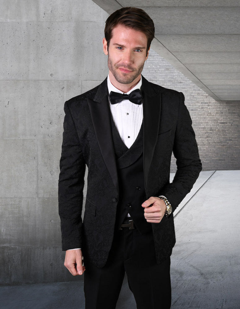 Statement Belagio 3 Piece Tailor Fit Tuxedo (Free Matching Bowtie) - Black