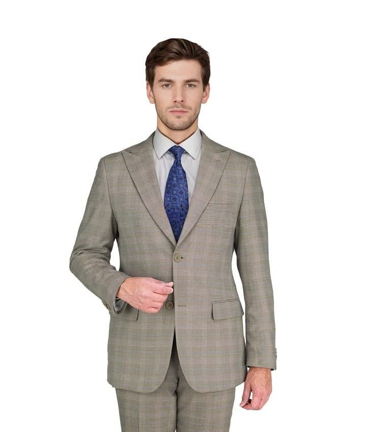 New York Man Italian Designer Beige Plaid 2 Piece Suit (available in Slim or Modern fit)