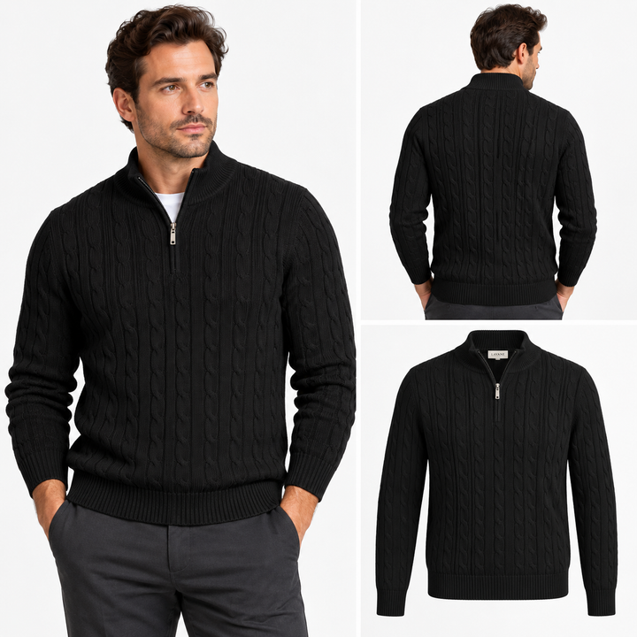 Lavane cable knit quarter-zip sweater in black - front, back and flat views