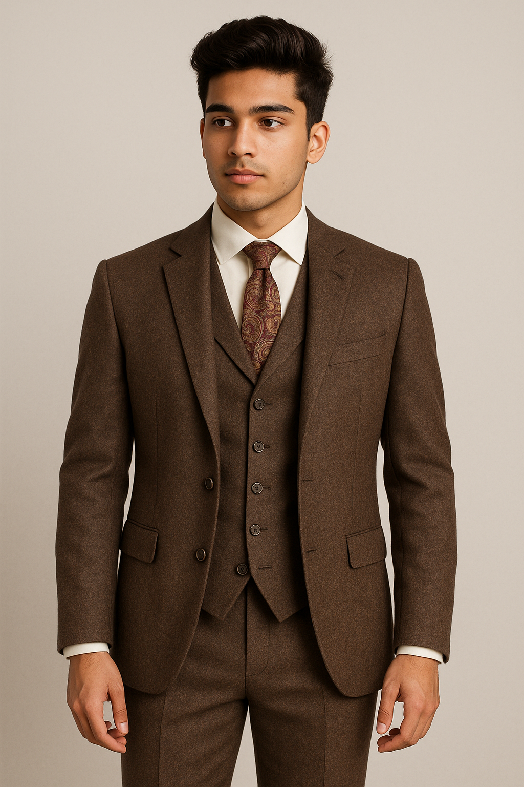 ELEGANZA 2BTD MODERN FIT Tweed 3 Piece Vested Suit-Brown