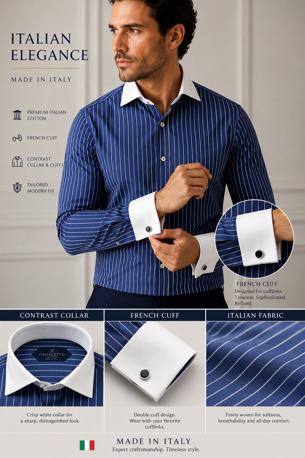 Canellto Made In Italy Strped White Collar French Cuff D.Sht - shirt in Charc Stripe - view 5 | New York Man Suits