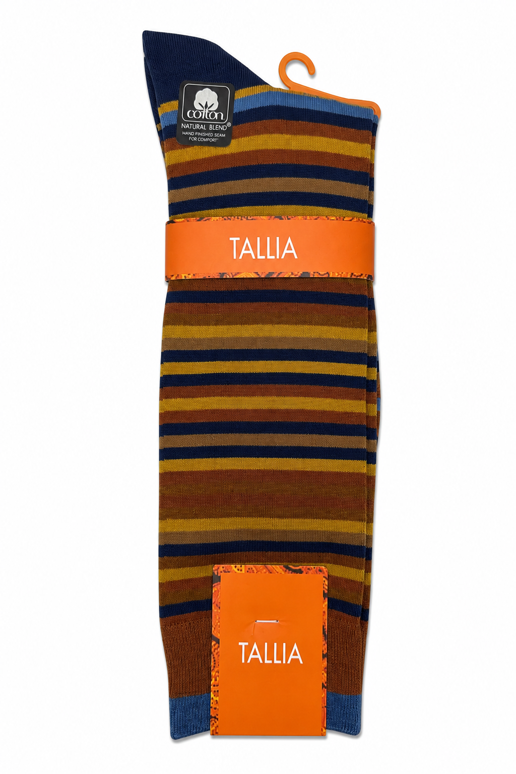 Tallia men's striped dress socks in brown, rust, gold and navy