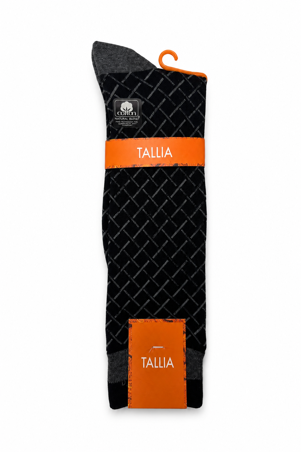 Tallia men's dress socks with charcoal diamond lattice pattern on black