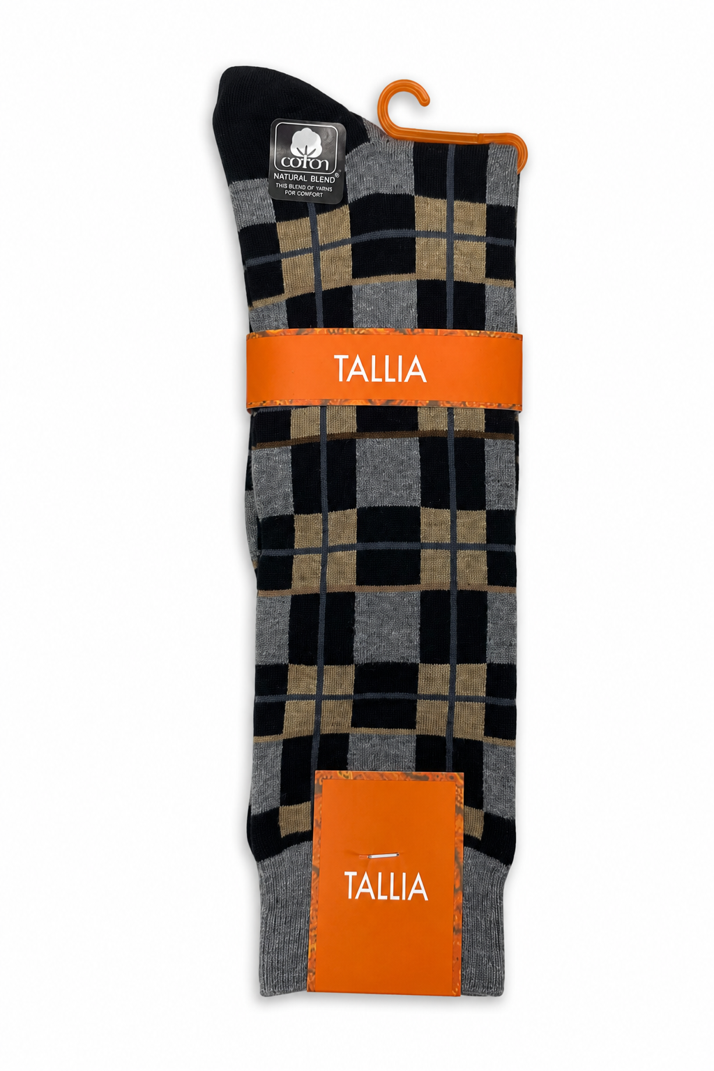 Tallia men's checkerboard dress socks in black, grey and camel