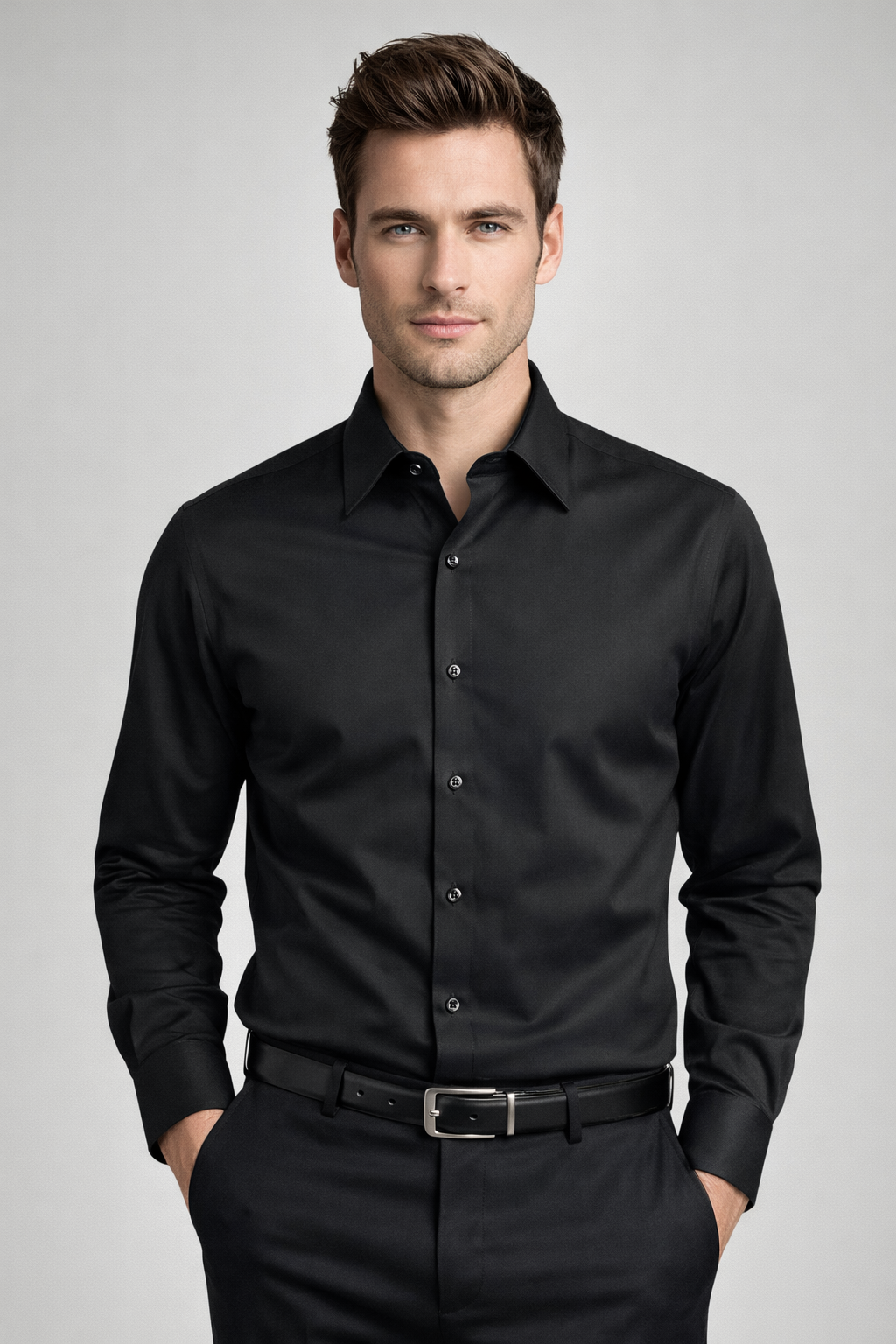 Mantoni Regular Fit Wrinkle Free Solid Dress SHIRT-Black - shirt | New York Man Suits