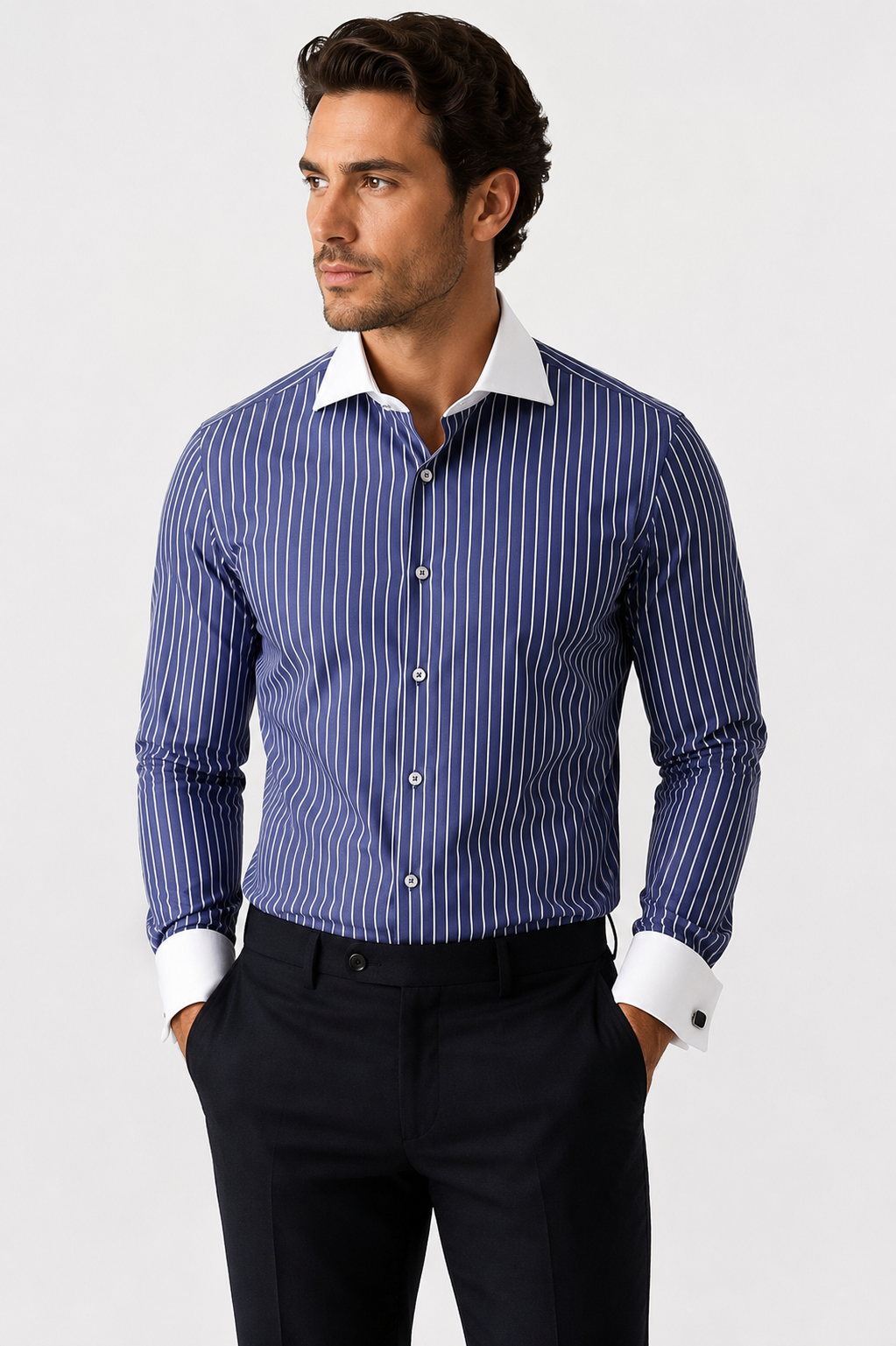 Canellto Made In Italy Strped White Collar French Cuff D.Sht - shirt in Charc Stripe | New York Man Suits