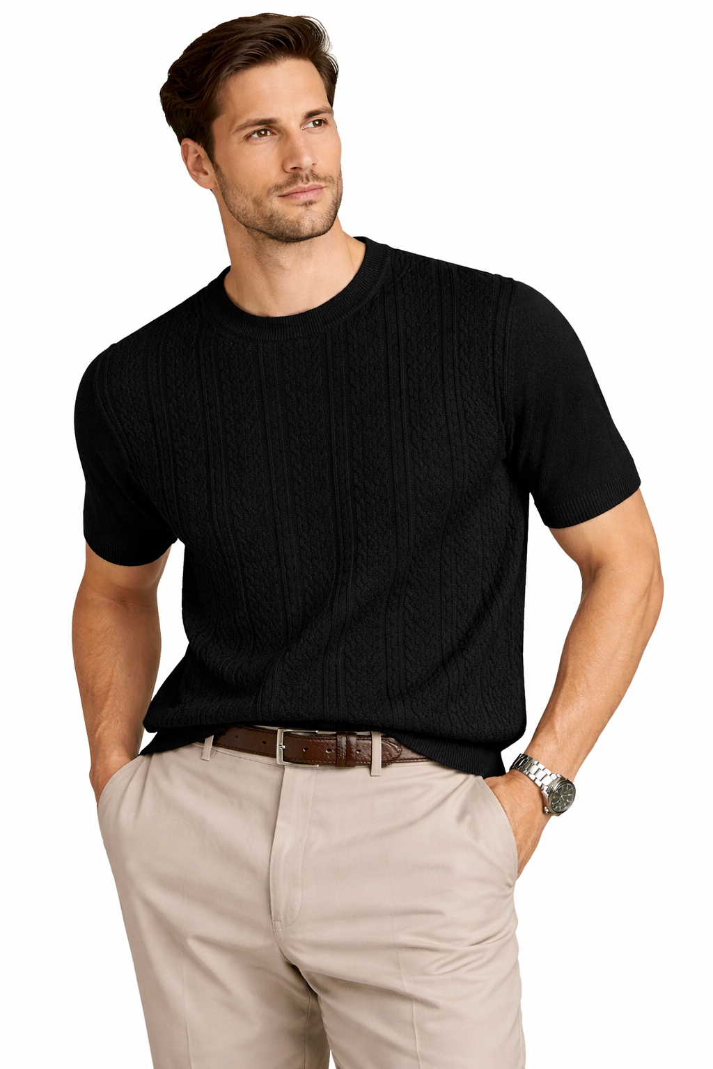 Laven Ny  Fancy Mock Neck Sweater Short Sleeve-Black