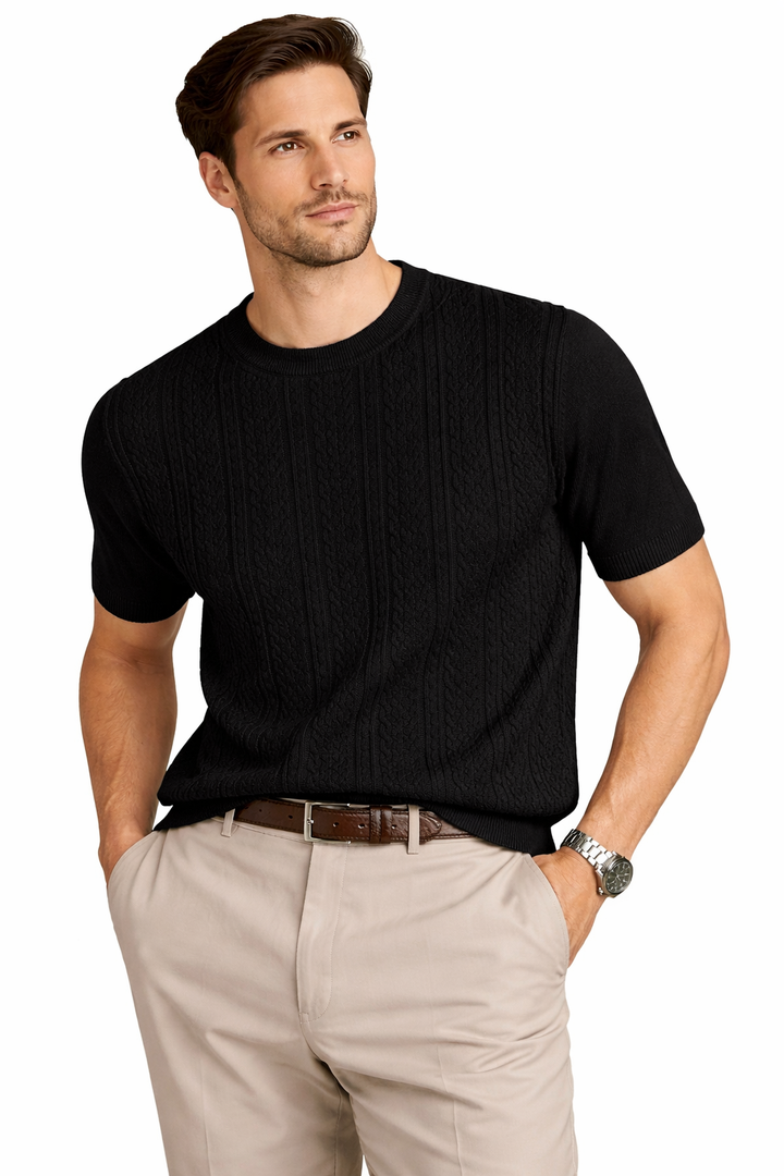 Laven Ny  Fancy Mock Neck Sweater Short Sleeve-Black