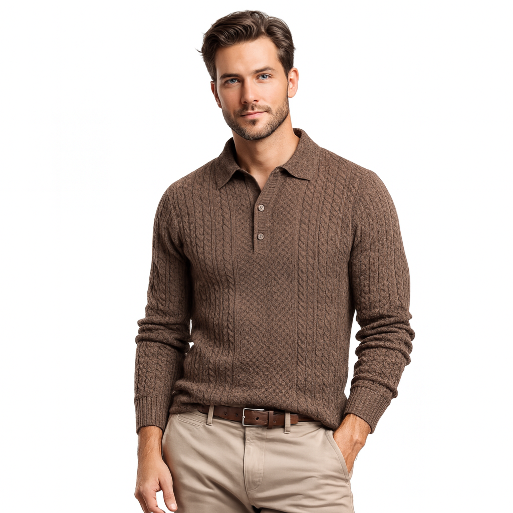 Cigar Knitted Fancy Cable Polo Sweater-Coffee