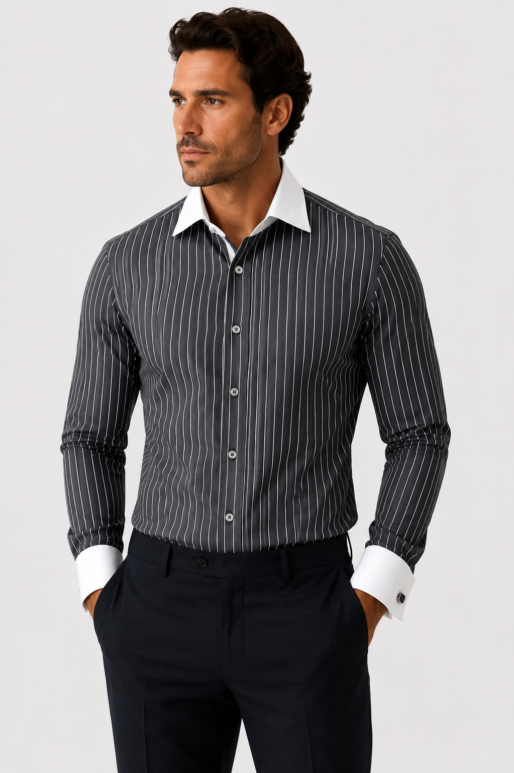 Canellto Made In Italy Strped White Collar French Cuff D.Sht - shirt in Charc Stripe - view 2 | New York Man Suits