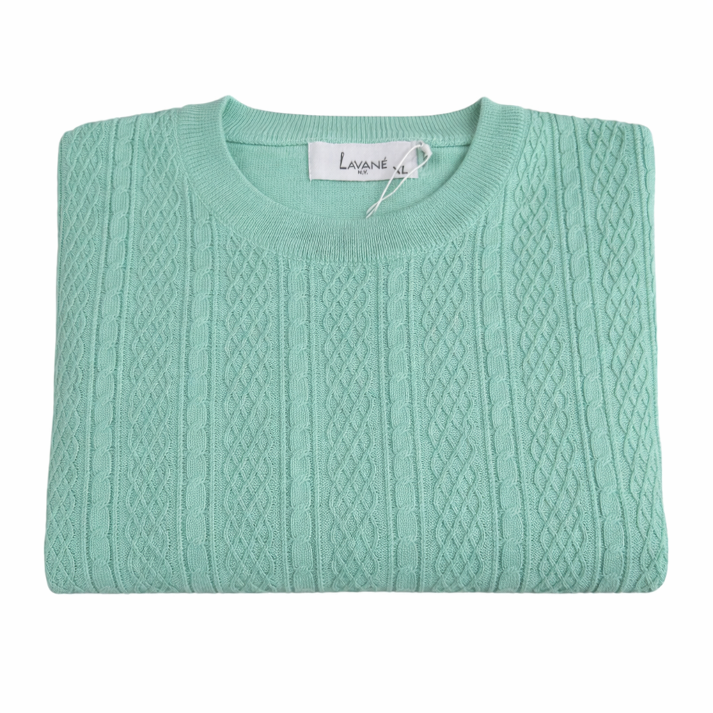 Lavne Mint Color Mock Neck Cable Sweater Short Sleeve