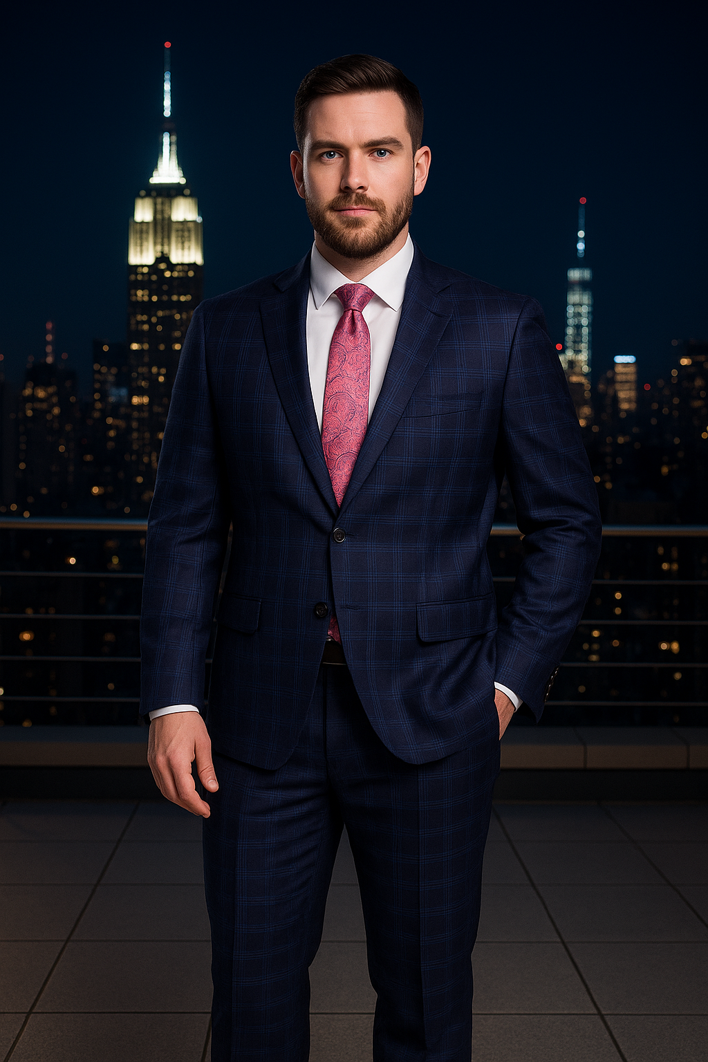 LAZETTI COUTURE 2BTD WINDOW PANE PORTLY SUIT-NAVY PLAID