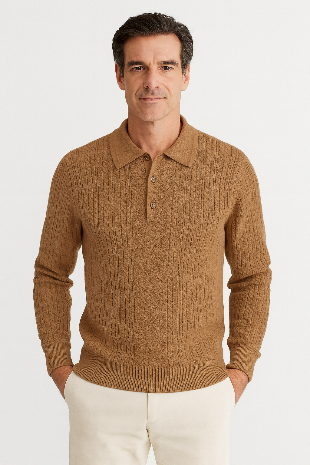 Cigar Knitted Fancy Cable Polo Sweater-Taupe