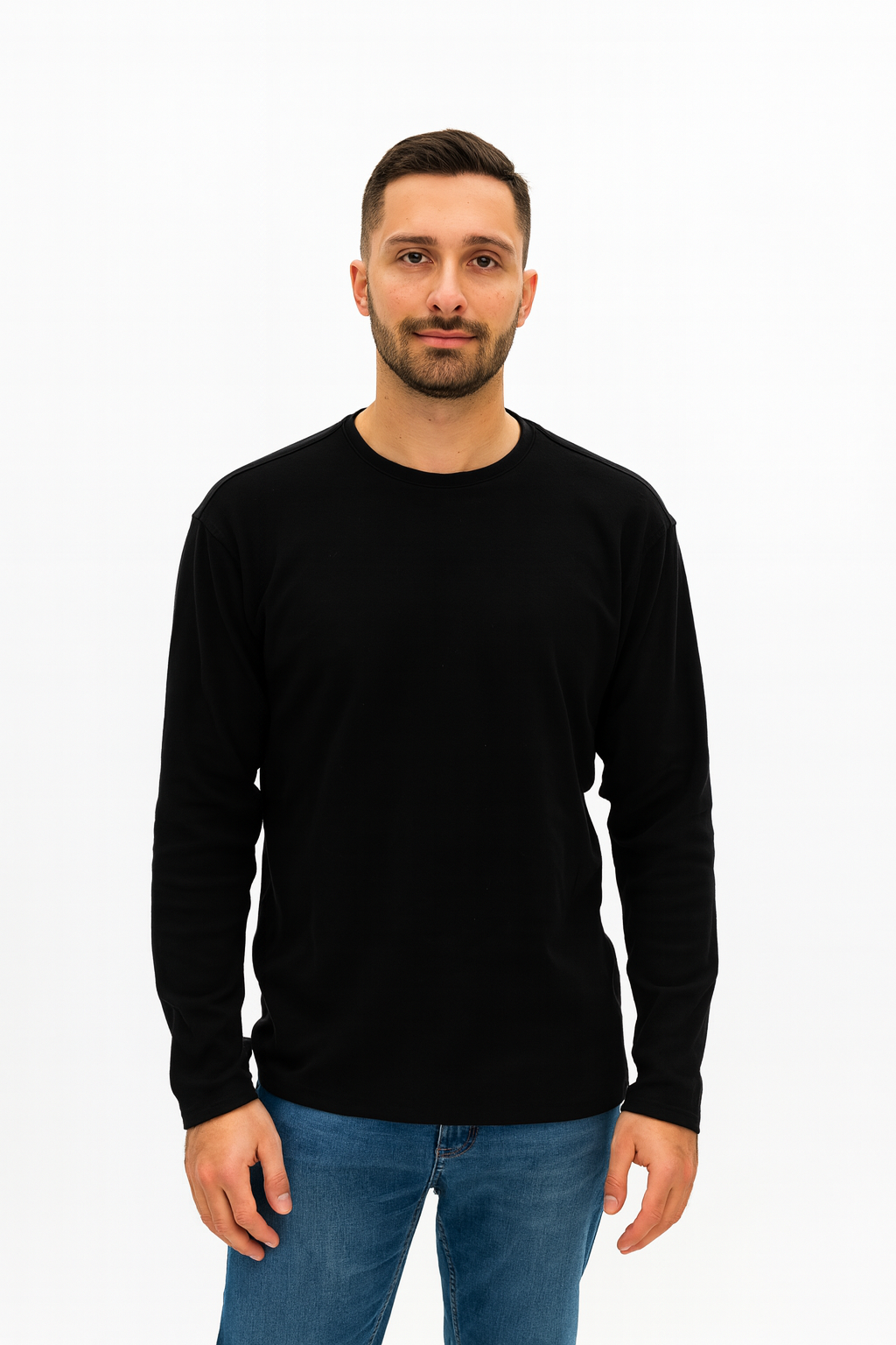 Brain Uomo Pima Cotton Crew Neck Long Sleeve T-Shirt - shirt in Black | New York Man Suits