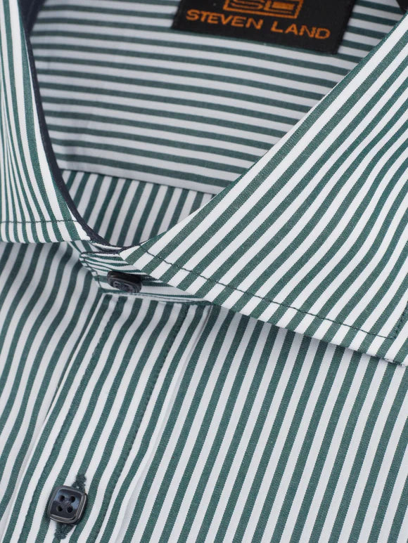 The "Earl" Striped Dress Shirt by Steven Land | Barrel Cuff & Spread Collar | Forest Green