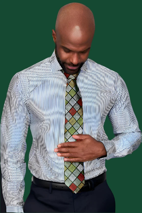 The "Earl" Striped Dress Shirt by Steven Land | Barrel Cuff & Spread Collar | Forest Green