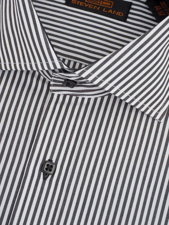 The "Earl" Striped Dress Shirt by Steven Land | Barrel Cuff & Spread Collar | Black Pinstripe - shirt - view 2 | New York Man Suits