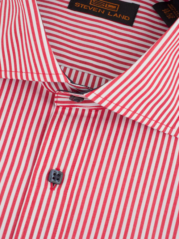The "Earl" Striped Dress Shirt by Steven Land | Barrel Cuff & Spread Collar | Red Stripe - shirt - view 2 | New York Man Suits