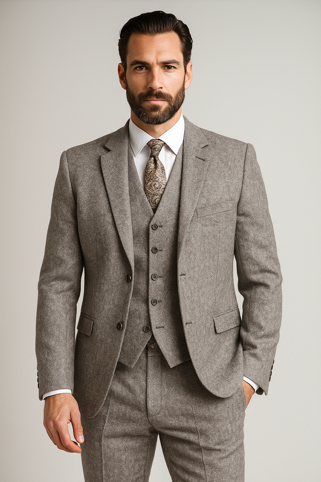 ELEGANZA 2BTD MODERN FIT Tweed 3 Piece Vested Suit-Grey