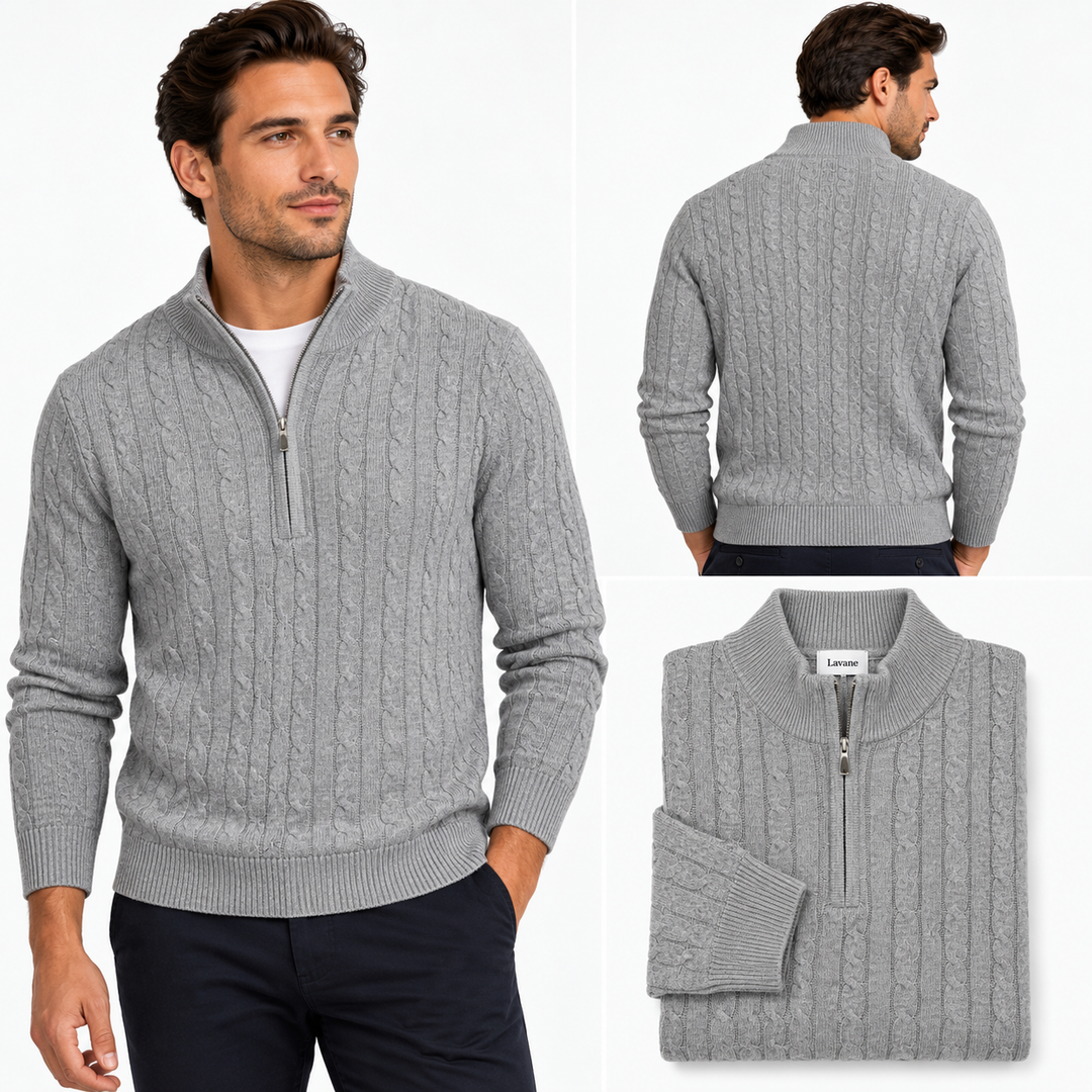 Lavane cable knit quarter-zip sweater in grey - front, back and folded views