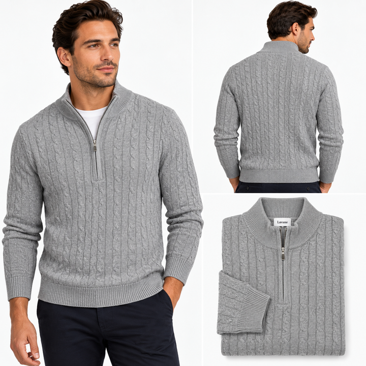Lavane cable knit quarter-zip sweater in grey - front, back and folded views