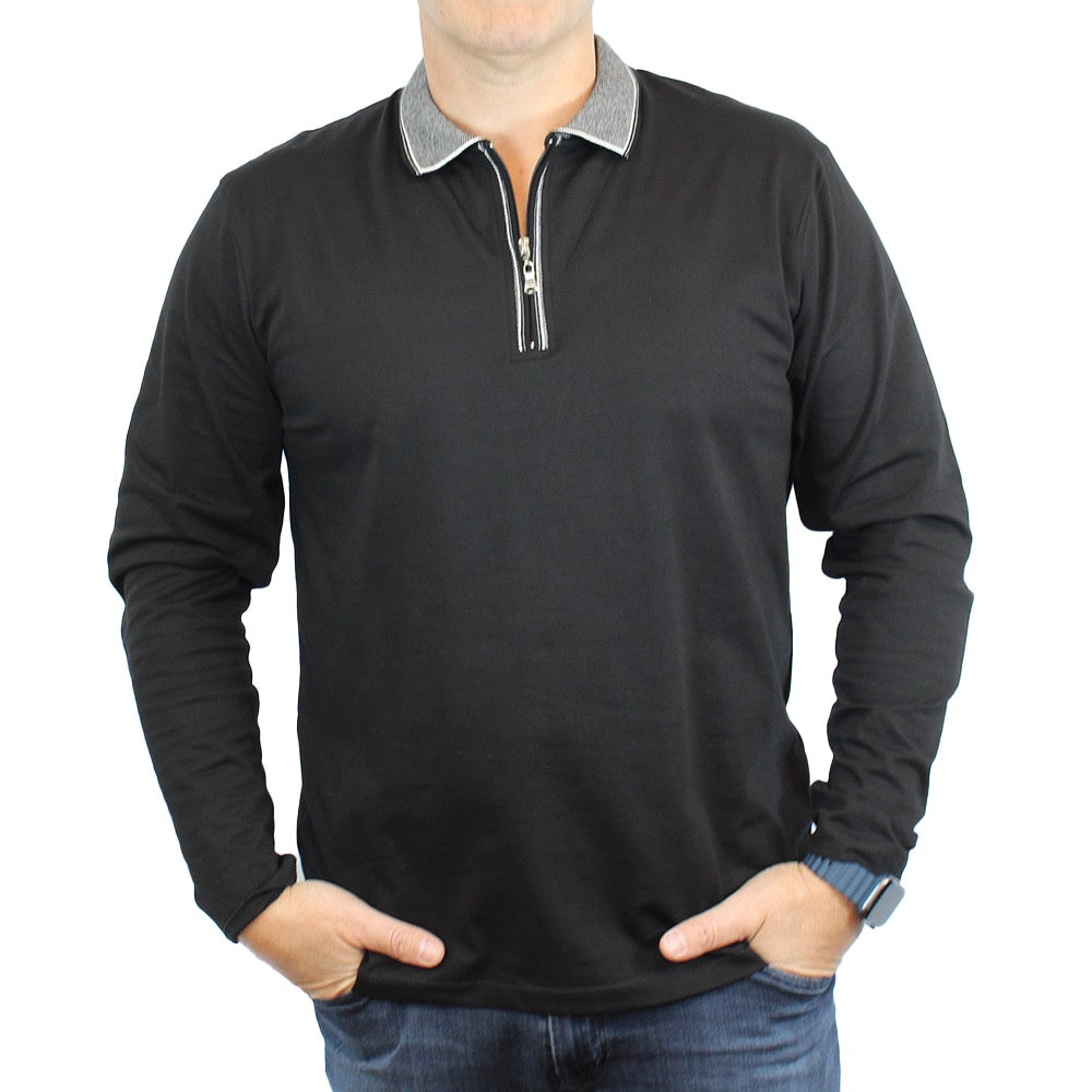 New York Man 1/4 Zip Polo Contrast Collar Long Sleeve - menswear in Black | New York Man Suits