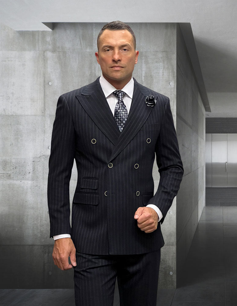 Pinstripe Peak Lapel Double Breasted Super 200 Wool Suit Available in 4 Colors