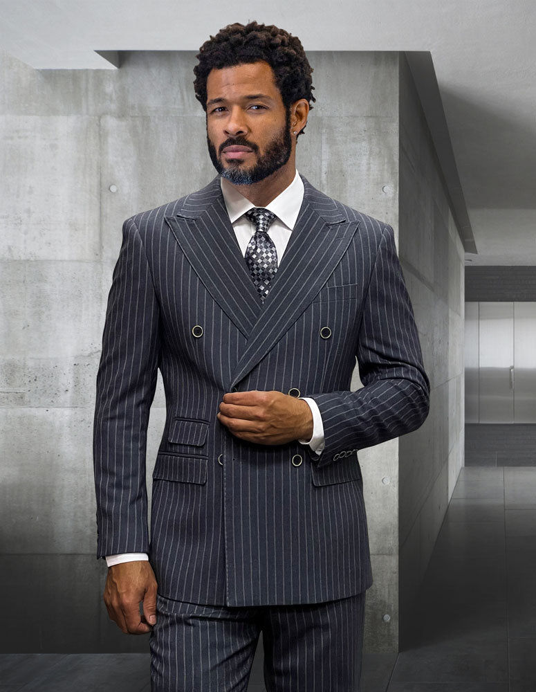 Statement Pinstripe Peak Lapel Double Breasted Super 200 Wool Suit 44 Short Charcoal Pinstrripe