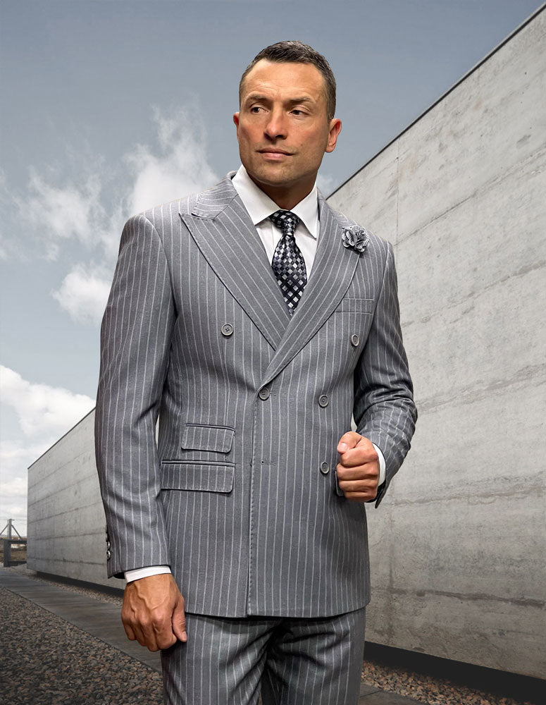 Pinstripe Peak Lapel Double Breasted Super 200 Wool Suit Available in 4 Colors