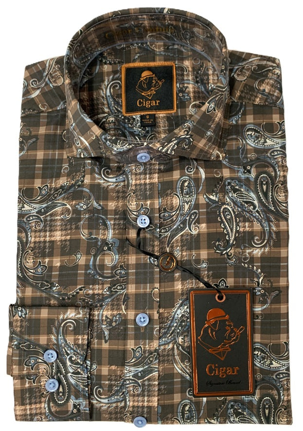 Cigar Fancy Long Sleeve Printed Button Down Shirts-Brown