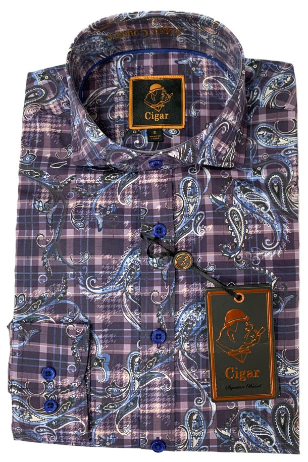 Cigar Fancy Long Sleeve Printed Button Down Shirts-Purple