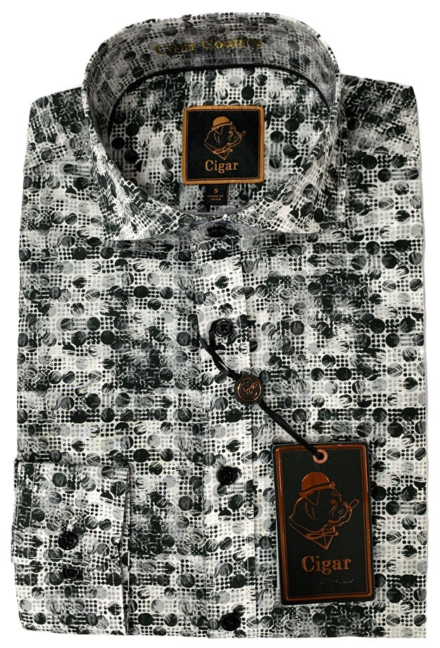 Cigar Fancy Long Sleeve Printed Button Down Shirts-Black