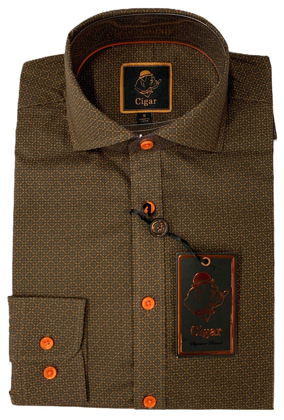 Cigar Fancy Long Sleeve Printed Button Down Shirts-Rust