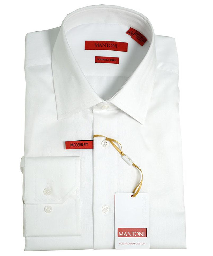 Mantoni Modern Fit Wrinkle Free Herringbone White Dress Shirt-White Herrinbone