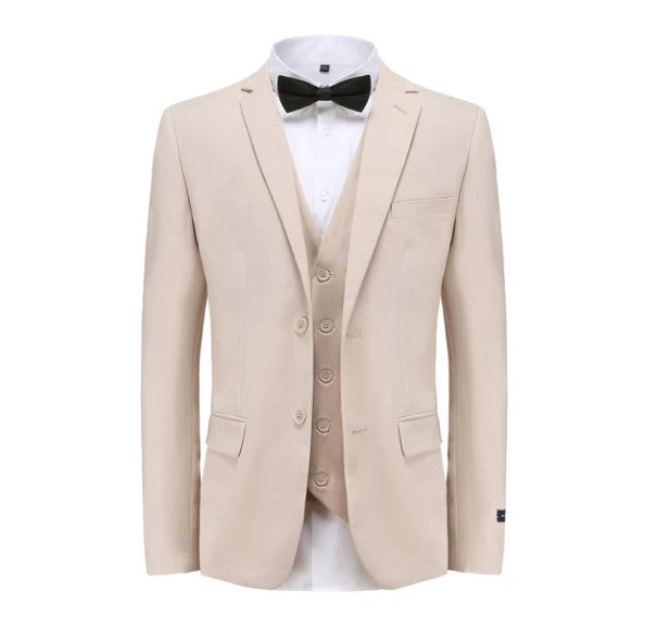 Euro Style Slim Cut Three-Piece Suit - Light Beige