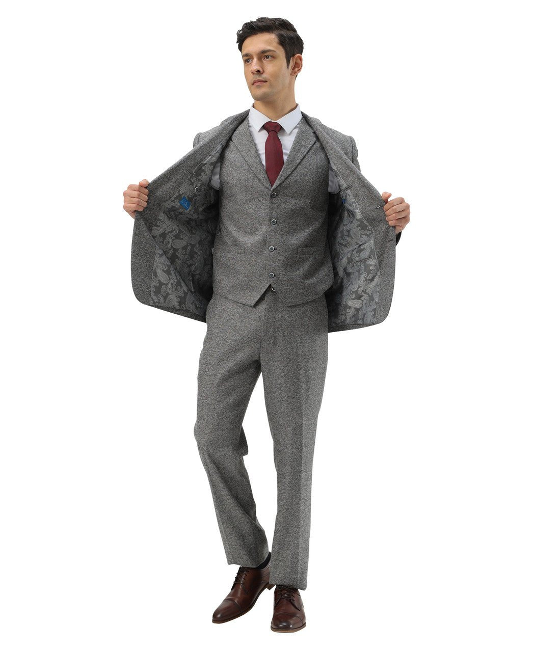 "Hybrid Fit" 3-Piece Tweed Suit with Notch Lapel by Sean Alexander - Grey - suit - view 2 | New York Man Suits