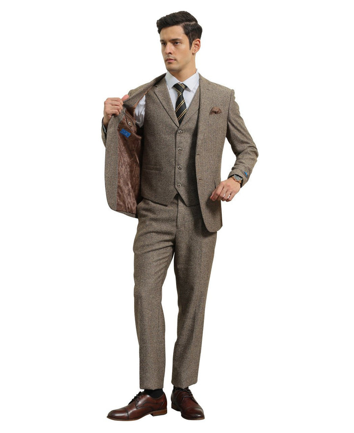 "Hybrid Fit" 3-Piece Tweed Suit with Notch Lapel by Sean Alexander - Tan