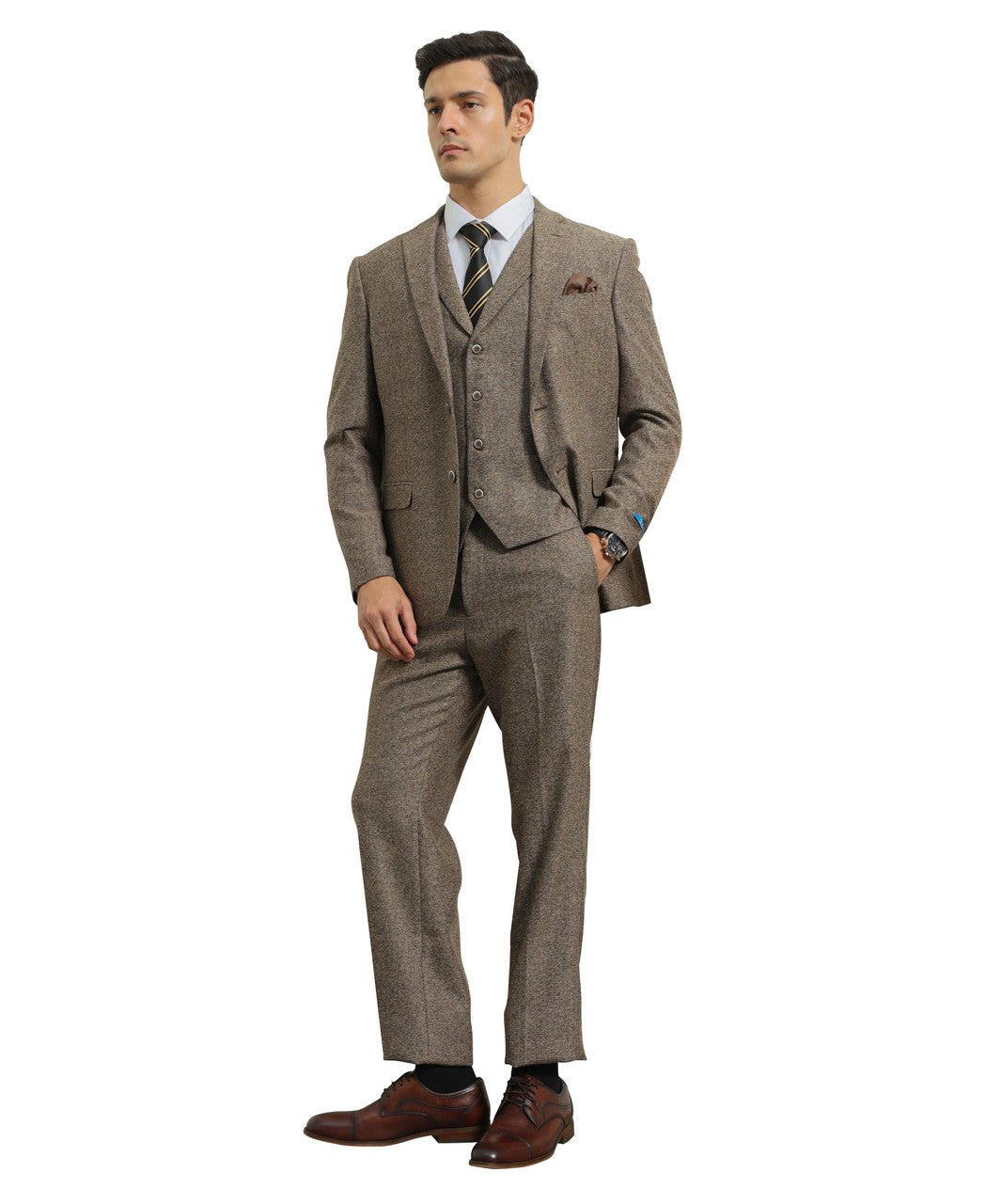 "Hybrid Fit" 3-Piece Tweed Suit with Notch Lapel by Sean Alexander - Tan - suit | New York Man Suits