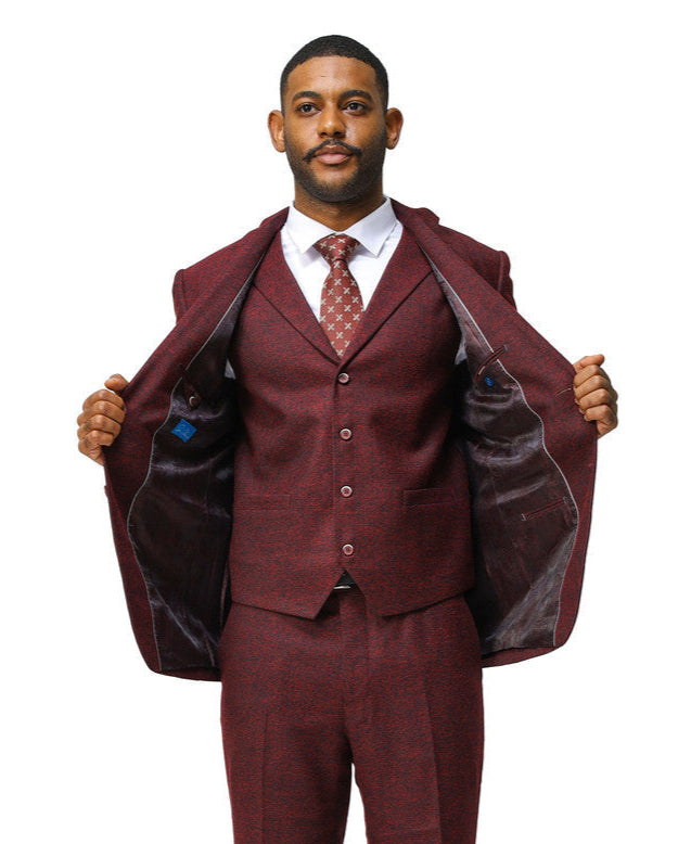 Man wearing 3 piece burgundy suit